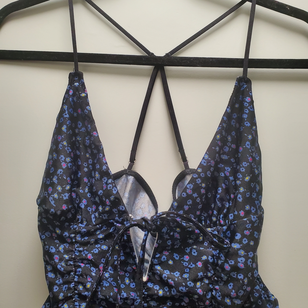 Black and Blue Sequined Chemise with Plunging V-Neck
